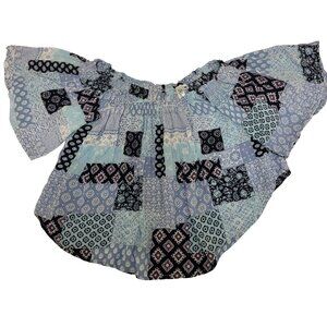 Kai Aloha Maui Patchwork Crop Top Blouse Off The Shoulder Women's Medium Blue